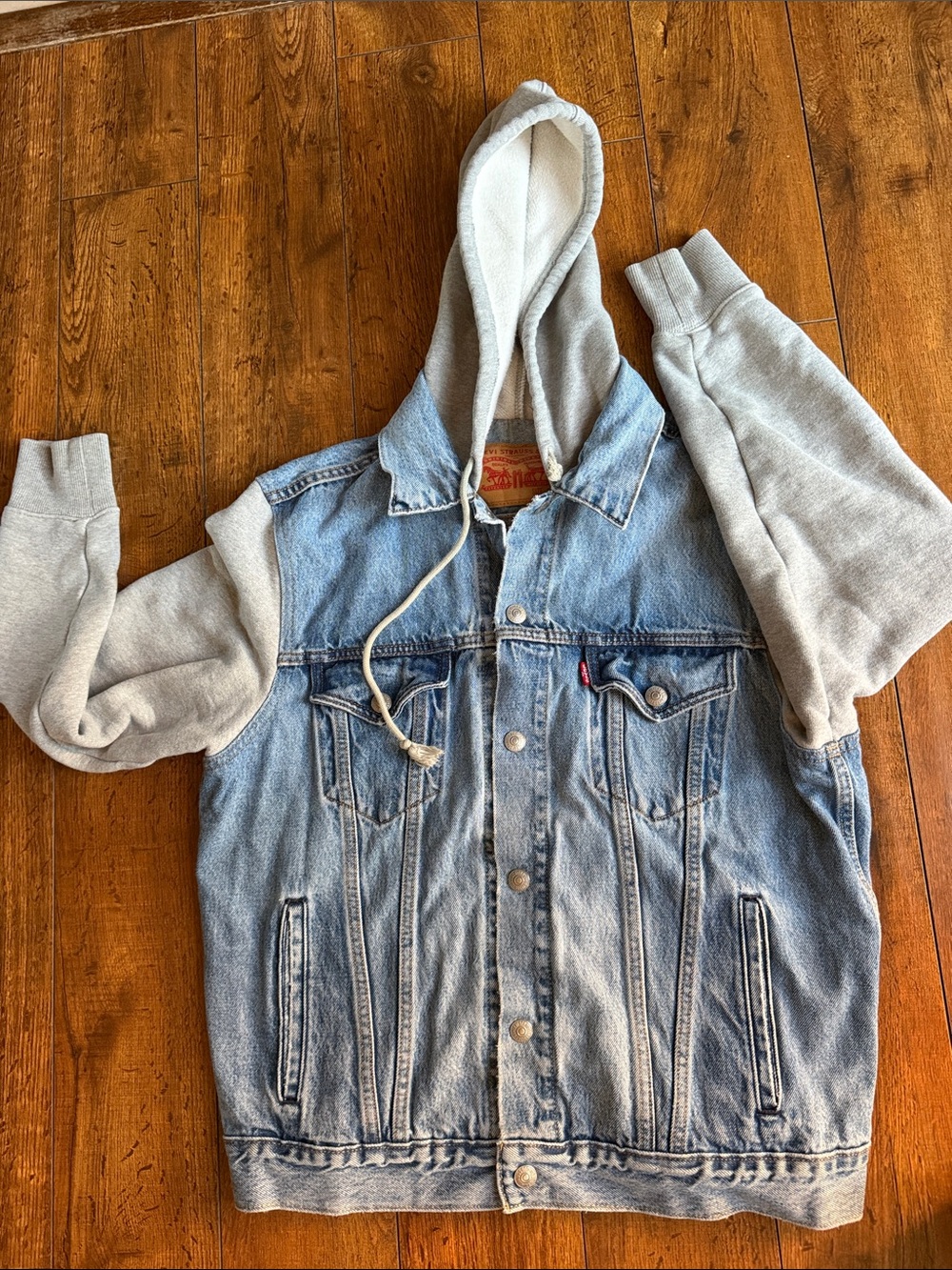 Levi's Light Blue Denim Jacket with Gray Hood and Sleeves